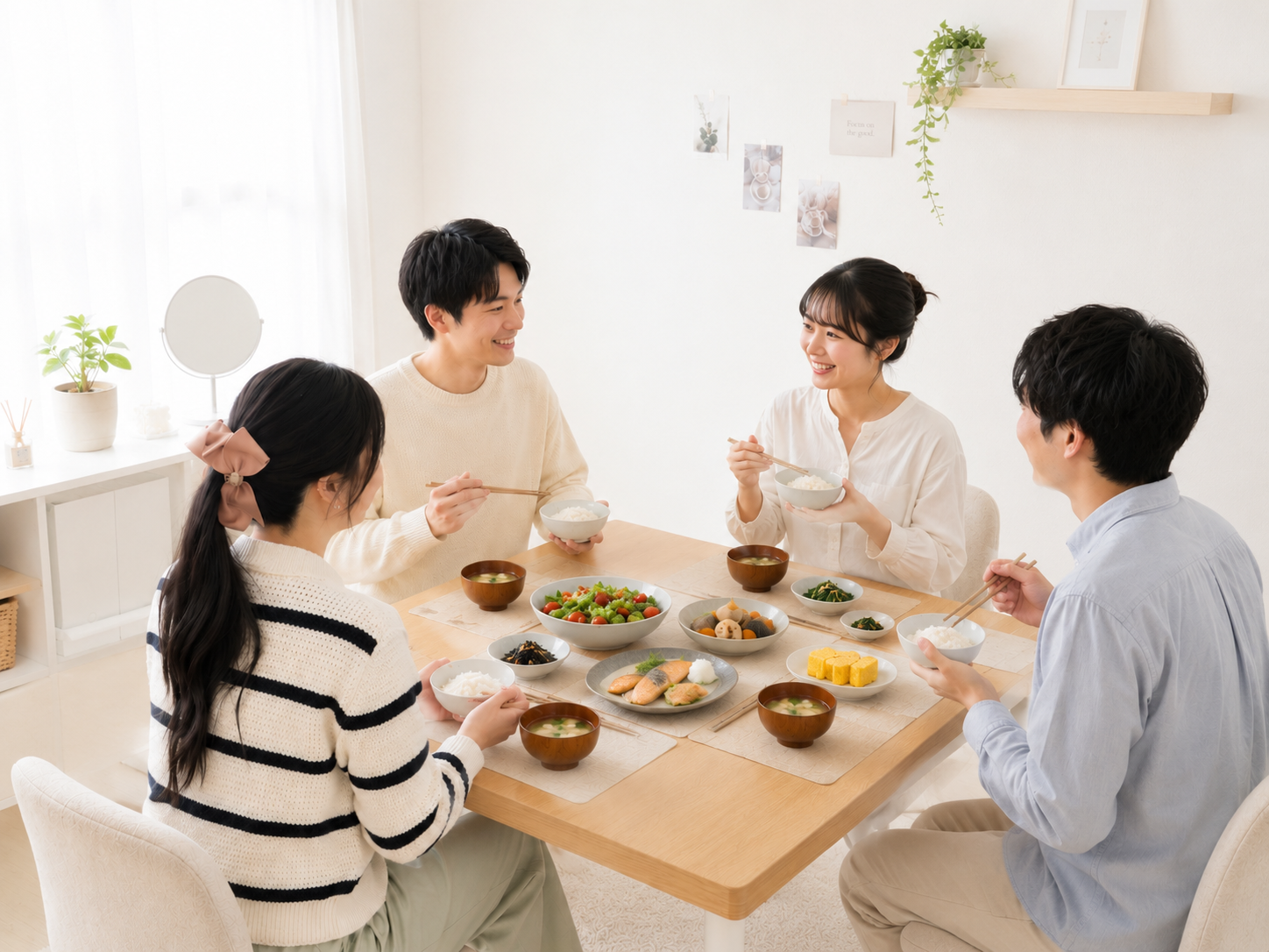 自然光の中で食卓を囲む人たち